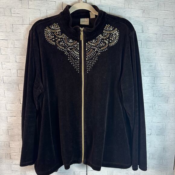 Zenergy by Chico’s velvet jacket, dark brown, gold & silver sequence zip front - Picture 1 of 10